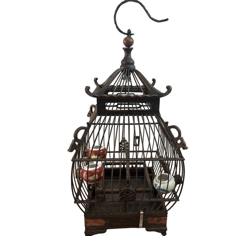 Vintage Chinese Pagoda Rosewood & Bamboo Songbird Cage with Porcelain Feeders